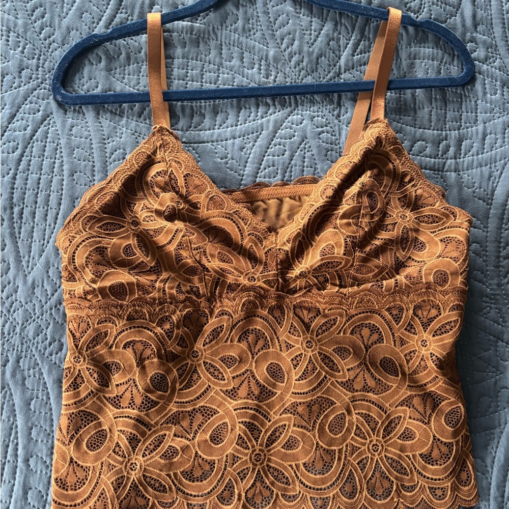Aerie Lace Floral Brown Top